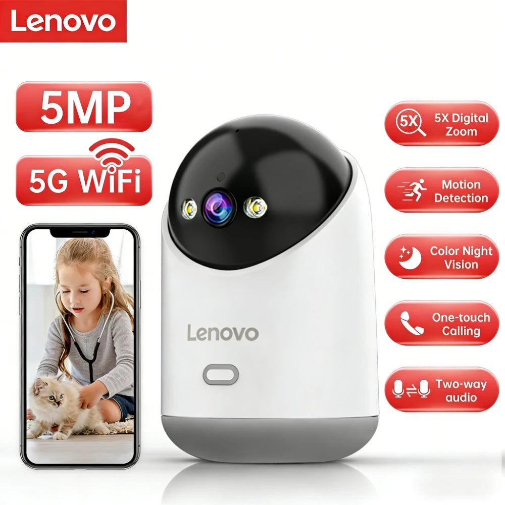 Cámara de videovigilancia WiFi Lenovo de 5 MP. Con seguimiento automático nocturno, seguridad CCTV y monitor de bebé.