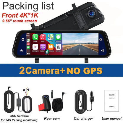 4K Mirror Dash Cam 9.66" with Carplay Android Auto Touch Screen Backup Camera Front and Rear View Dual Cameras for Car